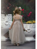 Dark Champagne Lace Tulle Pearl Elastic Back Flower Girl Dress